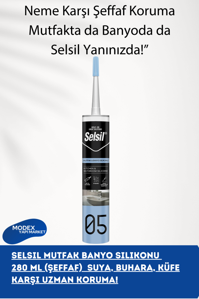 Selsil Mutfak Banyo Silikonu – 280 ml (Şeffaf)  Suya ve Küfe Dayanıklı